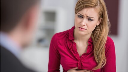 Obraz premium Distressed woman experiencing stomach pain during a conversation.