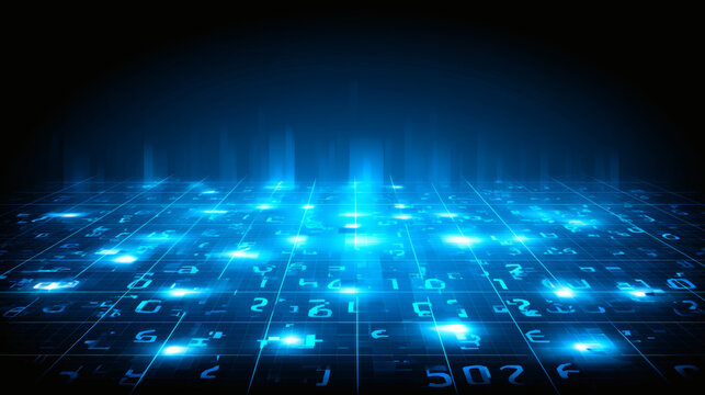 view looking down at a complex grid of light where jigsaw pieces made of digital code and binary numbers float in a synchronized formation. This symbolizes the machine learning process and data 