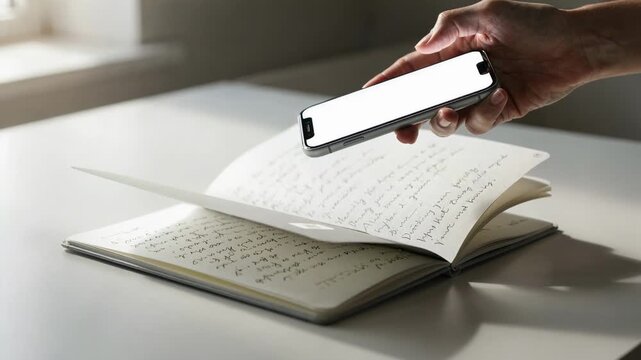 Medium shot of a smart notebook with an embedded NFC tag being tapped by a smartphone showcasing seamless digital note app syncing and quick access to handwritten content.