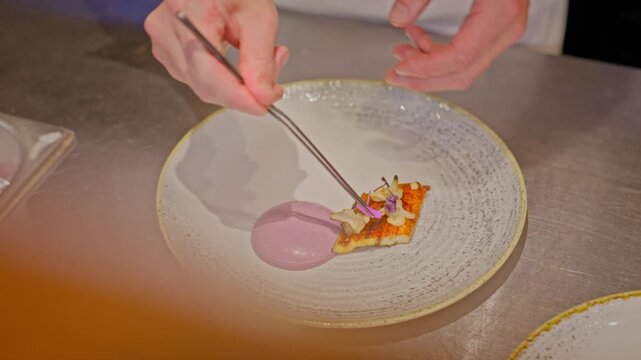 A gourmet dinner at a restaurant. Gastronomic food and dishes. Decorations and sophistication of signature dishes from the chef. Food as art. Bright colors of the dishes.