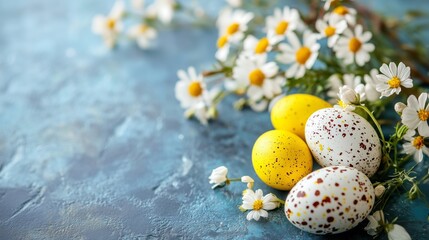 Obraz premium Colorful Eggs and Flowers on a Blue Surface for a Spring Celebration