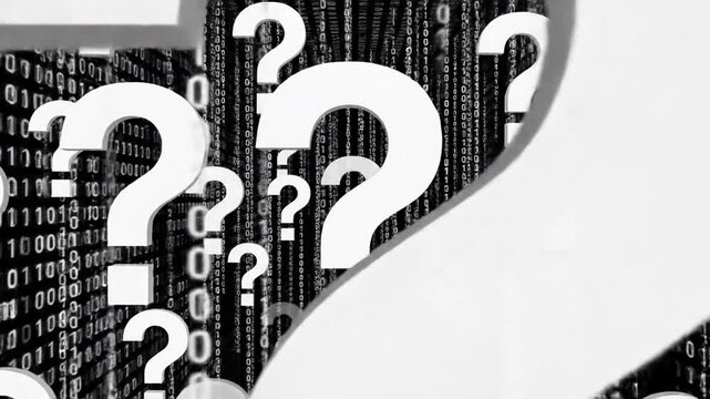 White question marks float in abstract binary code data stream