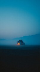 House Lights Burning Through Foggy Night Landscape
