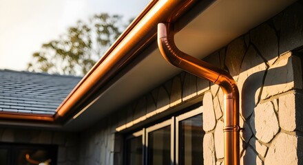 Naklejka premium Beautiful Copper Rain Gutters And Downspouts Shine On A Modern House, Providing Effective Water Management