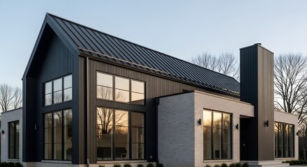 Fototapeta premium Sleek Contemporary Residence Featuring Expansive Windows and a Distinctive Gable Roof Design