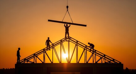 Dedicated Construction Crew Building a Future Home Under a Vibrant Sunset Sky