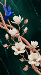 Fototapeta premium Blue hummingbird near white magnolia blossom with rose-gold branch on dark-green marble background, representing nature's harmony and elegant aesthetic