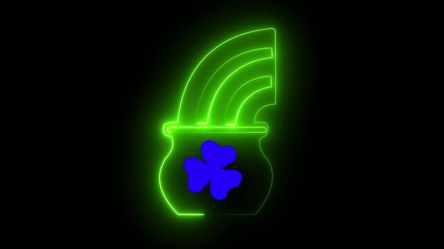 neon Pot of gold with magic rainbow icon ,Happy Saint day. National Irish holiday. Golden leprechaun coin with clover trefoil leaf icon isolated on black animation 4K Video motion graphic animation