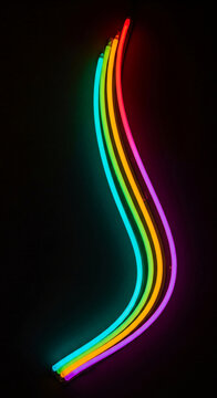 Colorful neon light stripes on black background, forming curved shape. Represents vibrancy, diversity, and modern style, perfect for design concepts