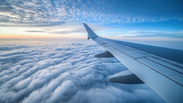 Airplane wing over fluffy clouds at dawn. Aerial view. Photo stock