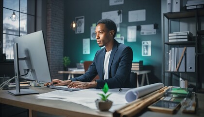 Obraz premium Professional Black man intently typing on a keyboard while working at his modern office desk