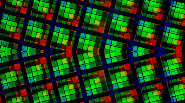 Kaleidoscopic Geometric Pattern with Green Red Blue Squares and Dark Background