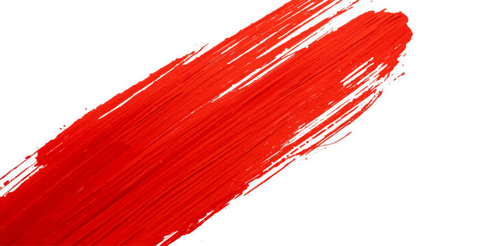 A vibrant red paint brush creates textured grunge strokes and artistic patterns on paper with a colorful design that resembles a bold line of wire or cable