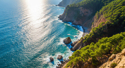 Obraz premium Aerial view of turquoise sea with cliff. Reflective sunlight creates sparkling effect, representing tranquility, nature, and vacation getaway