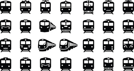 Train and railway transport icon collection in black silhouette style, metro, subway and locomotive symbols isolated vector set for transportation design © HridayChandra