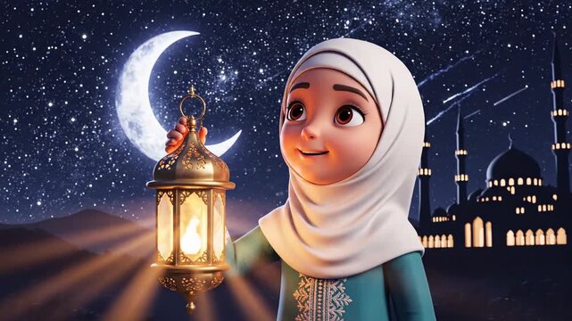 Beautiful Ramadan Illustration of a Girl with a Lantern.