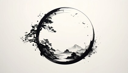 Black Ink Circle Artistic Landscape Design.