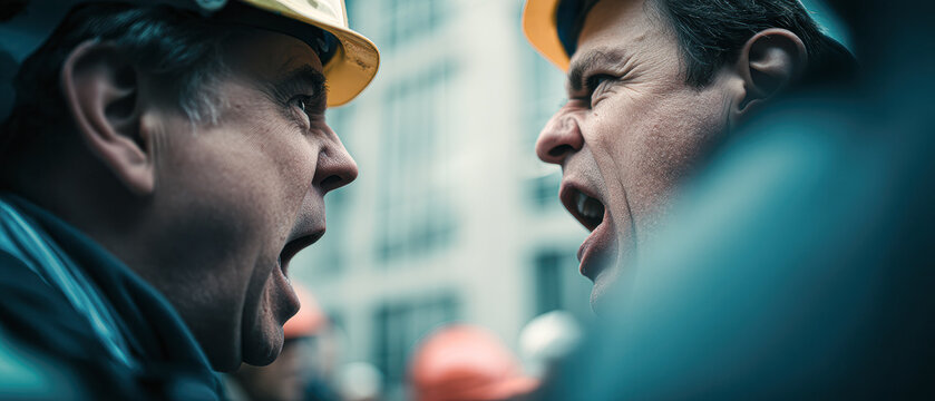 Two construction workers wearing helmets are engaged in a heated argument at a job site.