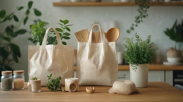 Eco Friendly Products on Wooden Table.