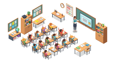 Fototapeta premium isometric classroom with students and teacher
