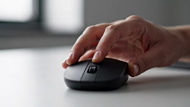 A close-up perspective showcases a person's hand confidently manipulating a modern black wireless computer mouse across a pristine white desk