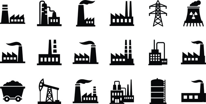 Industrial factory and power plant icon set in solid silhouette style, vector collection of manufacturing, energy production and refinery symbols isolated on white background