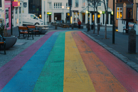 View looking down Rainbow Street towards Laugavegur during a winter sunrise.