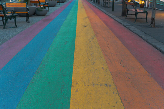 Top-down view of the painted Rainbow Street in Reykjavik with selective focus.