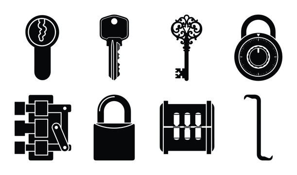 Security devices including various lock types, keys, and lockpicking tools