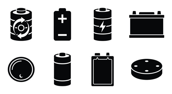 Set of black battery icons showing different types and symbols for power and energy storage devices