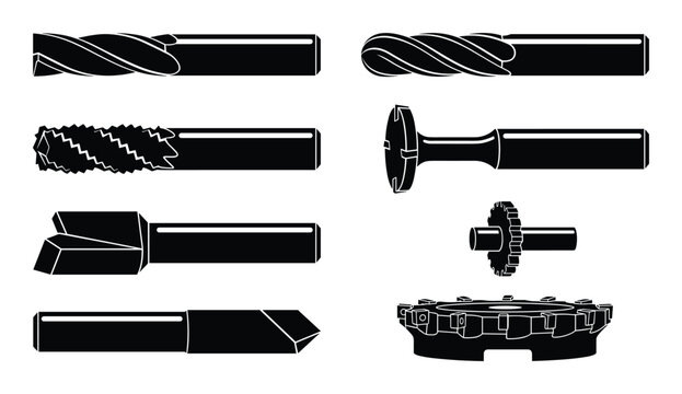 Set of eight milling tools and bits used in industrial machining processes, depicted in black silhouette