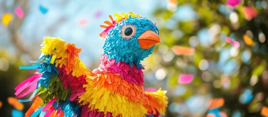 Fototapeta premium Colorful bird pi?ata outdoors, confetti falling, party