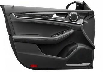 Modern car door interior with stitched leather and advanced features isolated on white background
