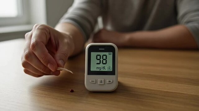 A person carefully uses a modern digital blood glucose meter to check their blood sugar levels, demonstrating routine health monitoring for effective diabetes management and personal wellness