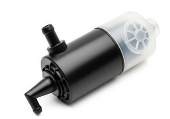 Close-up view of a black and clear plastic water pump with a visible internal mechanism isolated on white background