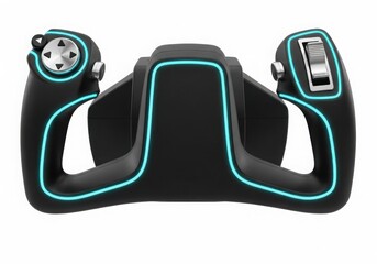 Modern black steering wheel with integrated smartphone holders and buttons isolated on white background