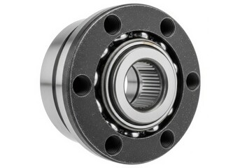 Close-up view of a cylindrical metal bearing with multiple holes around its circumference isolated on white background