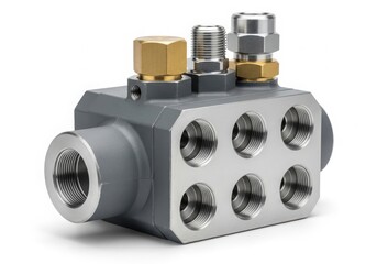 A close-up view of a complex mechanical component with multiple ports and fittings. isolated on white background