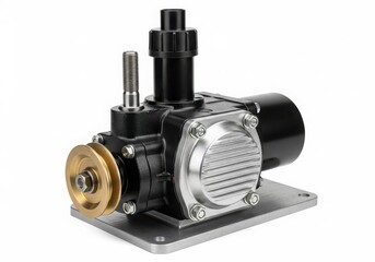 Close-up view of a modern industrial vacuum pump with a metallic base and black components. isolated on white background