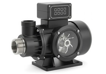 Industrial electric motor with digital display and control panel mounted on a metal base isolated on white background