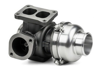 Close-up view of a complex mechanical component with a shiny metallic finish isolated on white background