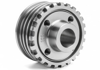 Close-up view of a mechanical gear assembly with intricate details and components isolated on white background