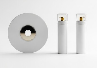 Modern white lamp with unique circular base and two cylindrical light fixtures isolated on white background