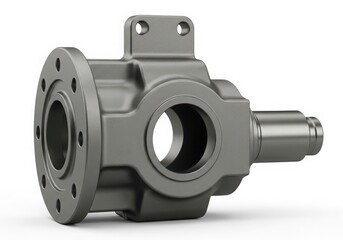 Close-up view of a complex mechanical component with a cylindrical shaft and bolt holes isolated on white background