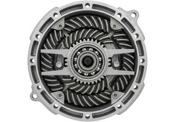 Close-up view of an intricate mechanical gear assembly with a central hub and surrounding teeth. isolated on white background