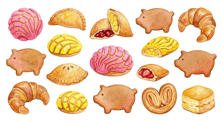 PNG cut out isolated background. This expansive watercolor illustration collection features a diverse range of international bakery goods.