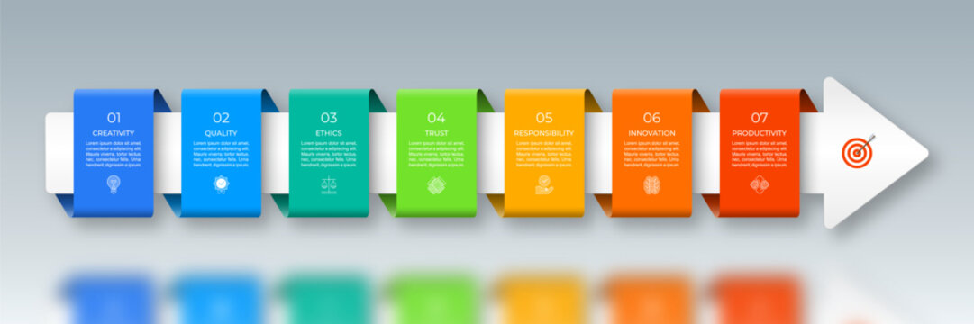 Infographic vector timeline template designed as a right-facing arrow with seven step-by-step color blocks for text, icons, and numbers. Suitable for for web, diagram, chart, graph, presentation.