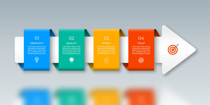 Infographic vector timeline template designed as a right-facing arrow with four step-by-step color blocks for text, icons, and numbers. Suitable for for web, diagram, chart, graph, presentation.