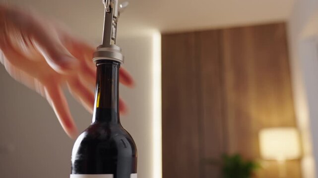 Close-up of hand using corkscrew to open wine bottle in home interior. Concept of alcohol drink preparation and evening relaxation