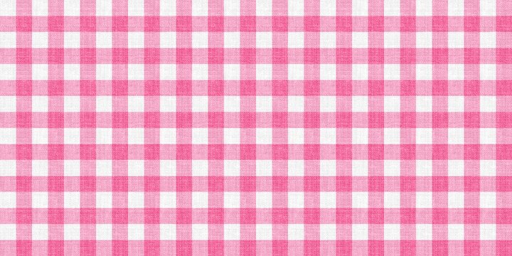 Seamless pink and white gingham pattern with realistic linen fabric texture. Classic checkered textile background for picnic, fashion, and summer designs.